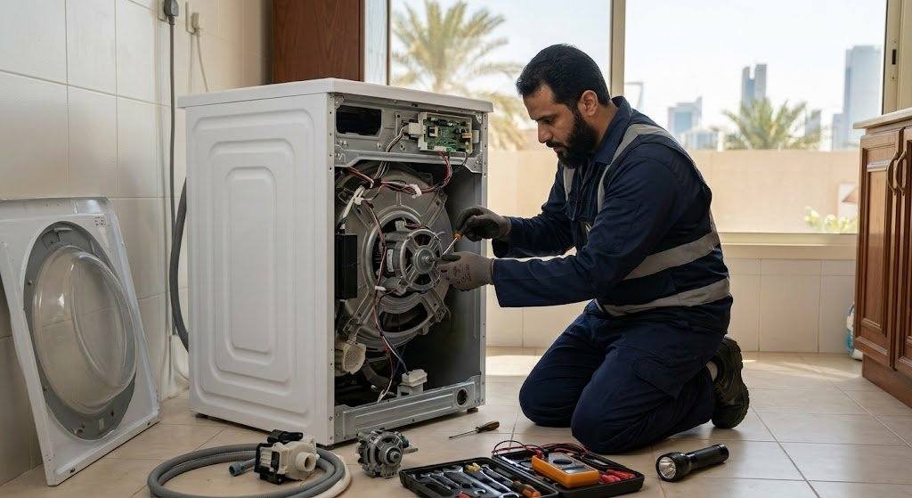 فني محترف يقوم بأعمال فحص وصيانة الغسالات الأوتوماتيكية بدقة وأمان باستخدام أحدث المعدات ضمن خدمات صيانة غسالات حي الخالدية جدة لضمان كفاءة التشغيل وراحة العملاء.