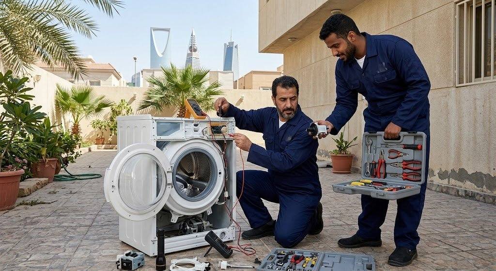فني محترف يقوم بفحص وصيانة الغسالة بدقة وإتقان باستخدام أحدث المعدات ضمن خدمات صيانة غسالات حي المرجان لضمان أعلى كفاءة للتشغيل وراحة العملاء.