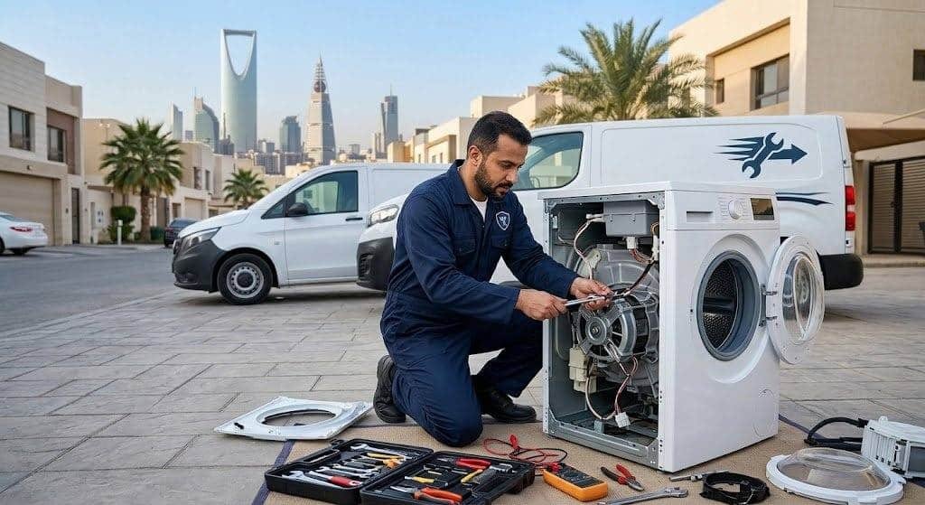 فني محترف يقوم بفحص وتصليح غسالة الملابس باستخدام أحدث المعدات بدقة وإتقان ضمن خدمات صيانة غسالات حي البوادي لضمان استعادة كفاءتها التشغيلية وراحة العملاء.