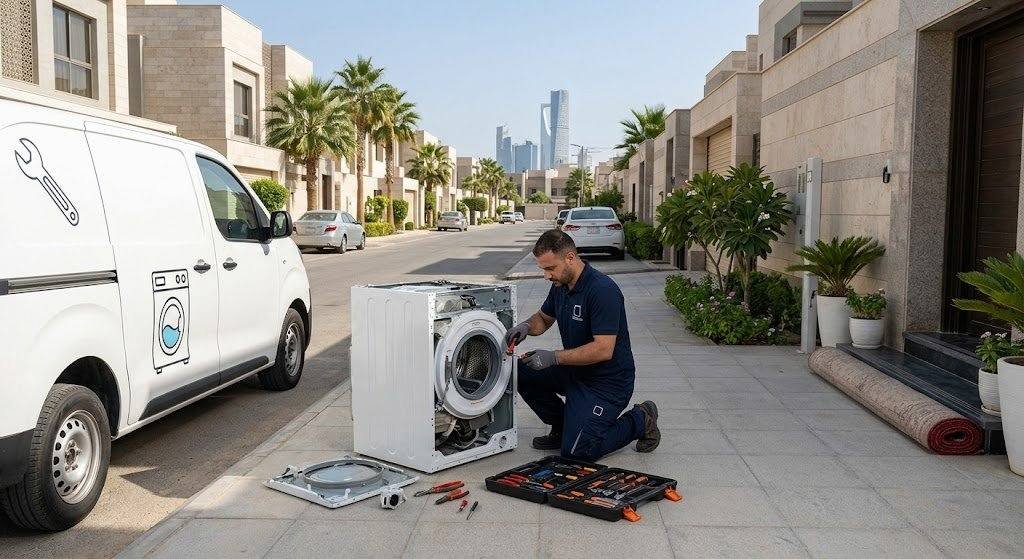 فني محترف يقوم بأعمال فحص وصيانة الغسالات بدقة وأمان باستخدام أحدث المعدات وقطع الغيار الأصلية ضمن خدمات صيانة غسالات حي الأندلس لضمان كفاءة التشغيل وراحة العملاء.