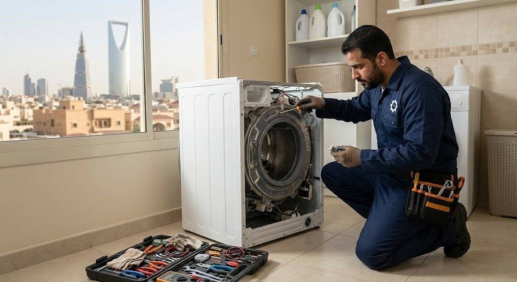 فني محترف يقوم بأعمال فحص وصيانة الغسالات بدقة وأمان باستخدام أحدث المعدات وقطع الغيار الأصلية ضمن خدمات صيانة غسالات حي الفضل لضمان الأداء المثالي وراحة العملاء.
