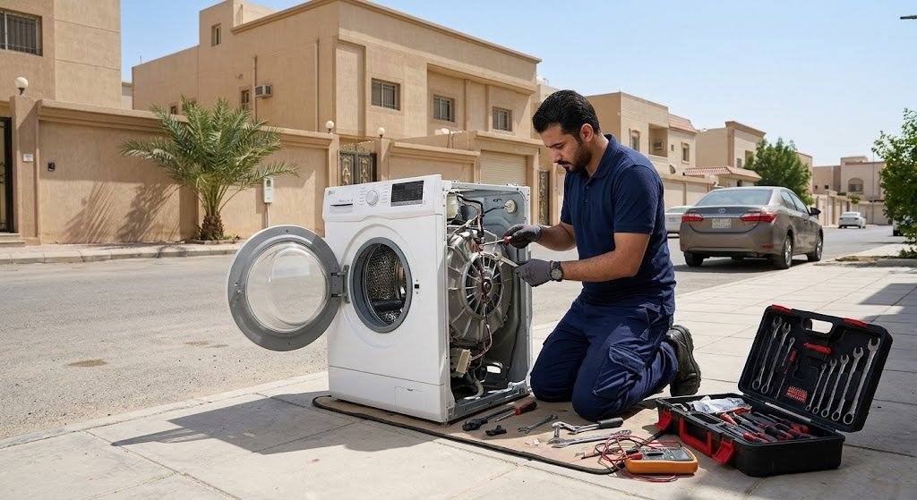 فني محترف يقوم بفحص وصيانة الغسالة بدقة وأمان باستخدام أحدث المعدات وقطع الغيار الأصلية ضمن خدمات صيانة غسالات حي البغدادية لضمان كفاءة التشغيل وراحة العملاء.